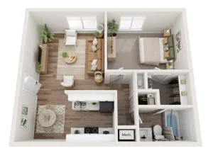 a kitchen filled with furniture and appliances